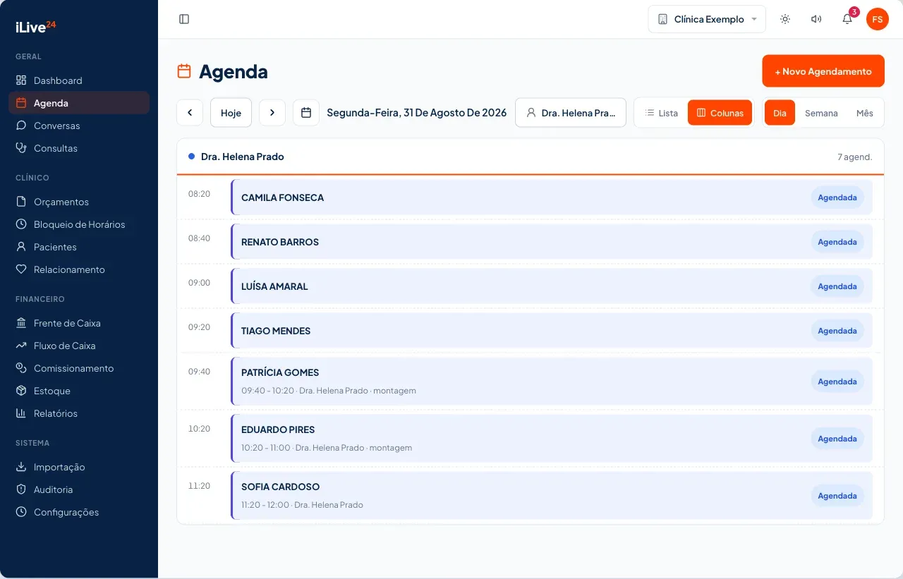 Tela de Agenda do iLive24. Dados fictícios.